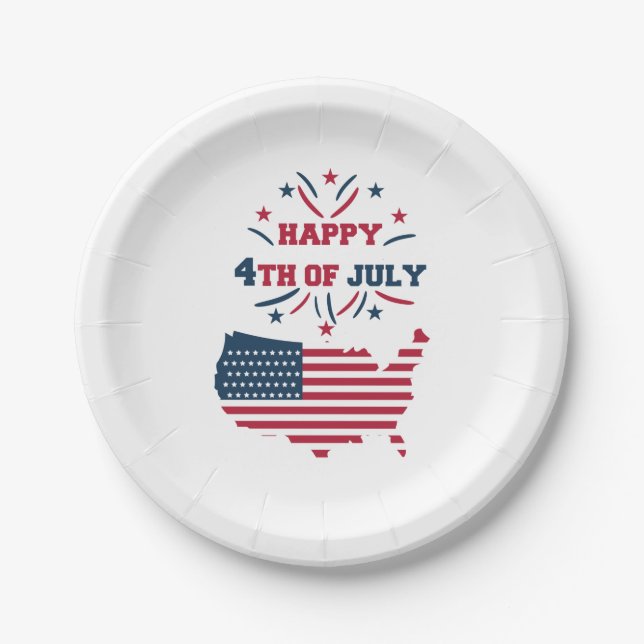 Assiettes En Carton 4 juillet Feu d'artifice USA Rouge Blanc Bleu (Devant)