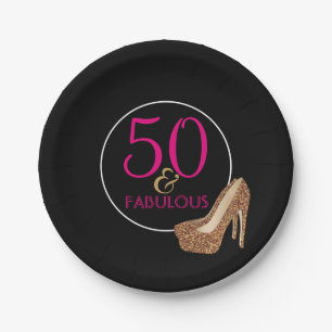 Assiettes En Carton 50 cinquantième fête d'anniversaire noire rose