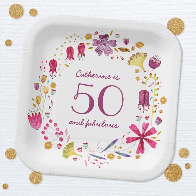 Assiettes En Carton 50 et Fabulous Aquarelle Nom floral Anniversaire (Fifty and Fabulous personalized watercolor wildflower modern party paper plates)