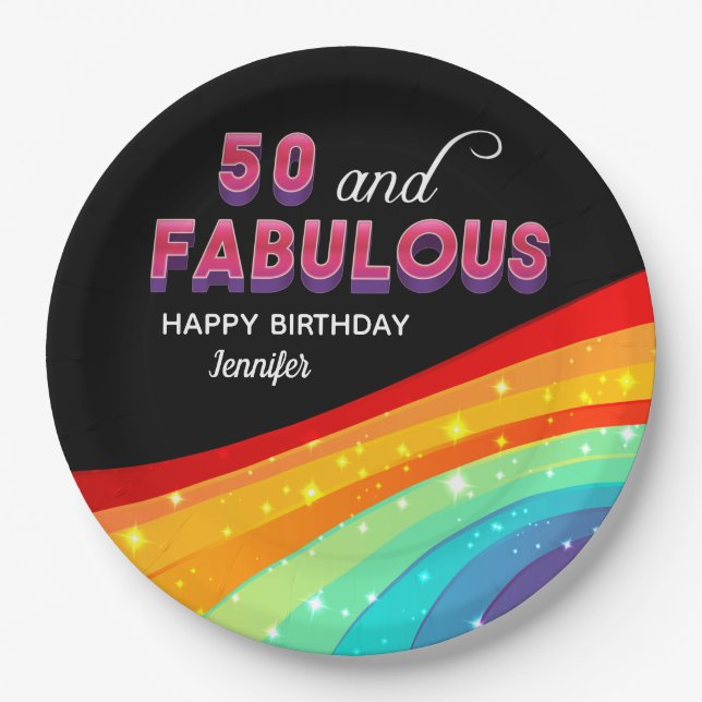 Assiettes En Carton 50 et Fabulous Rainbow Sparkle fête d'anniversaire (Devant)