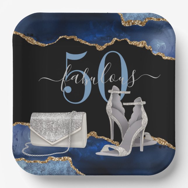 Assiettes En Carton 50 Fabuleux Marine Black Agate Gold Parties scinti (Recto)