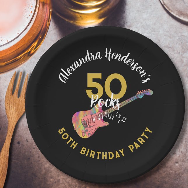 Assiettes En Carton 50 Rocks Guitare rose 50ème anniversaire (50 rocks cool pink electric guitar black and gold custom 50th birthday paper plate)