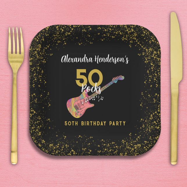 Assiettes En Carton 50 Rocks Or rose Noir 50e fête d'anniversaire (50 Rocks pink black gold glitter rock and roll 50th birthday party personalized square paper plate)