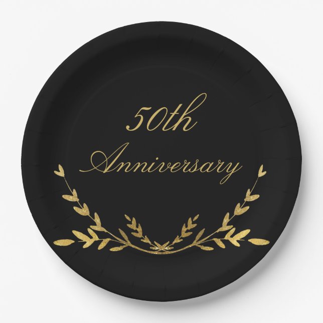 Assiettes En Carton 50e anniversaire 50 Cinquante Elégante feuille d'o (Devant)