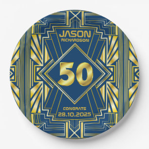 Assiettes En Carton 50e anniversaire Art Déco Gold Blue Gatsby