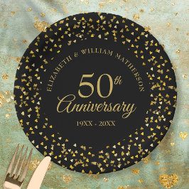 Assiettes En Carton 50e Anniversaire Black Gold Love Hearts Confetti