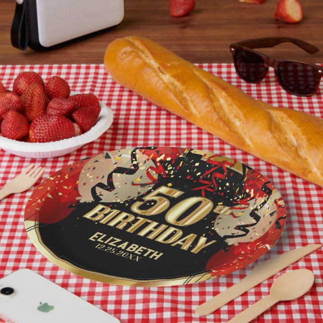 Assiettes En Carton 50e anniversaire - 🎈 de ballons rouges (Pique-nique)