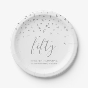 Assiettes En Carton 50e anniversaire de fête Elégant blanc Argent Conf