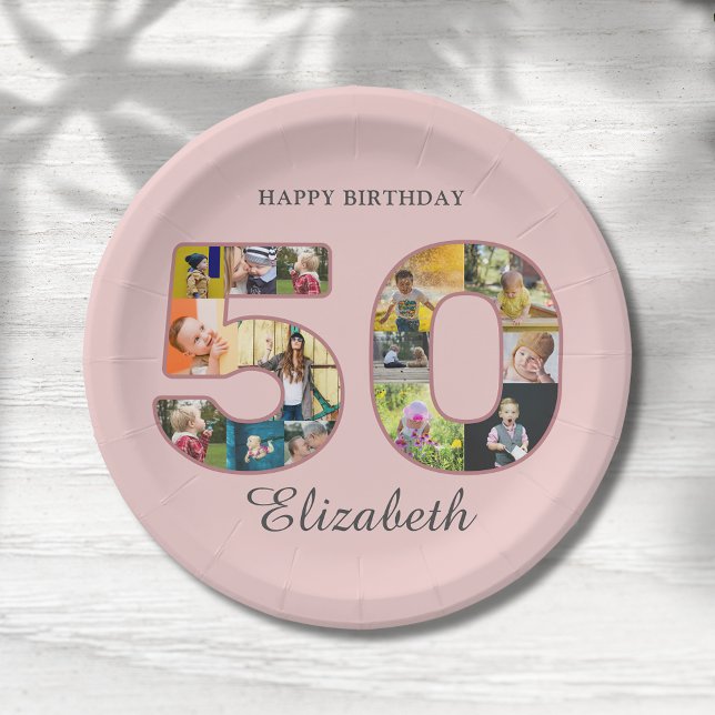 Assiettes En Carton 50e anniversaire de fête Photo Collage Dusty Blush (Blush dusty pink 50th birthday personalized paper party plate with photo collage.)