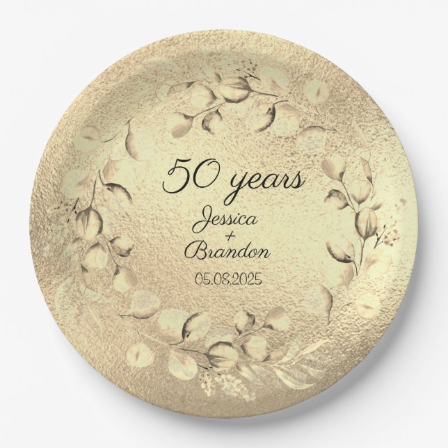 Assiettes En Carton 50e anniversaire de l'Eucalyptus Mariage d'or (Devant)