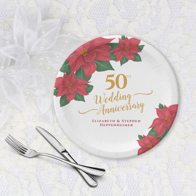 Assiettes En Carton 50e anniversaire de Mariage Aquarelle Rouge Poinse (50th Wedding Anniversary Watercolor Red Poinsettia Paper Plates)