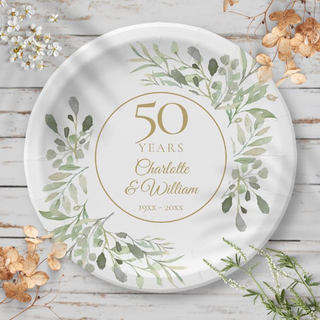 Assiettes En Carton 50e anniversaire de Mariage Aquarelle Verdure (50th Wedding Anniversary Watercolor Greenery Paper Plates)