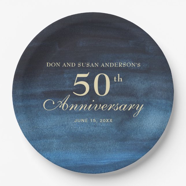 Assiettes En Carton 50e anniversaire de Mariage bleu de la Marine (Devant)