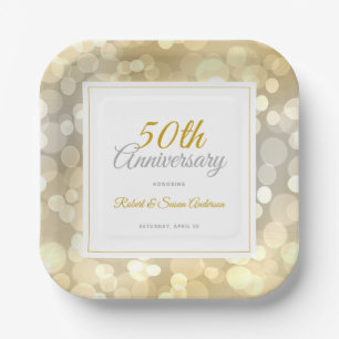Assiettes En Carton 50e anniversaire de Mariage Elegant Gold Bokeh