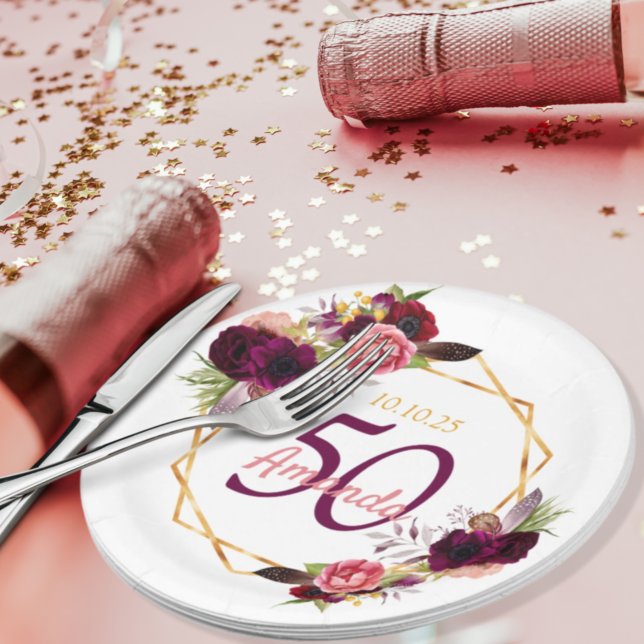 Assiettes En Carton 50e anniversaire du burgundy floral white gold (Créateur téléchargé)