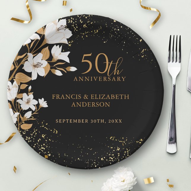 Assiettes En Carton 50e anniversaire du Mariage de l'or noir botanique (Créateur téléchargé)