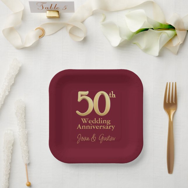 Assiettes En Carton 50e anniversaire du Mariage | Gold Letting Bourgog (Mariage)