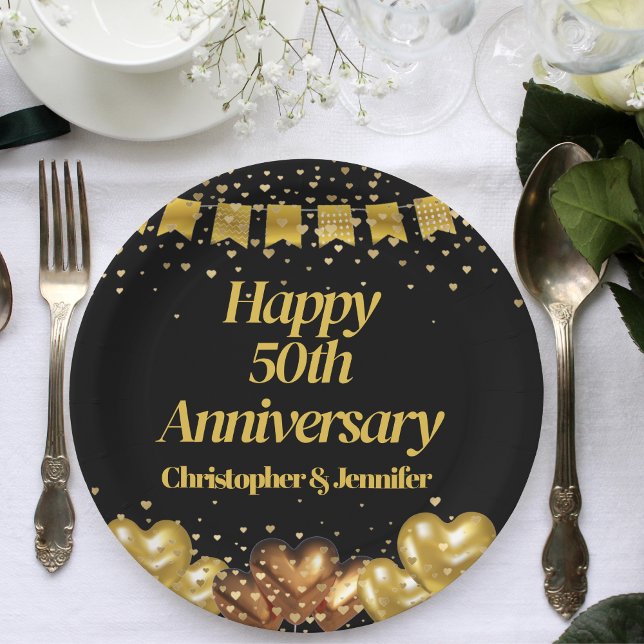Assiettes En Carton 50e anniversaire du mariage Joyeux Noir et Or (Créateur téléchargé)