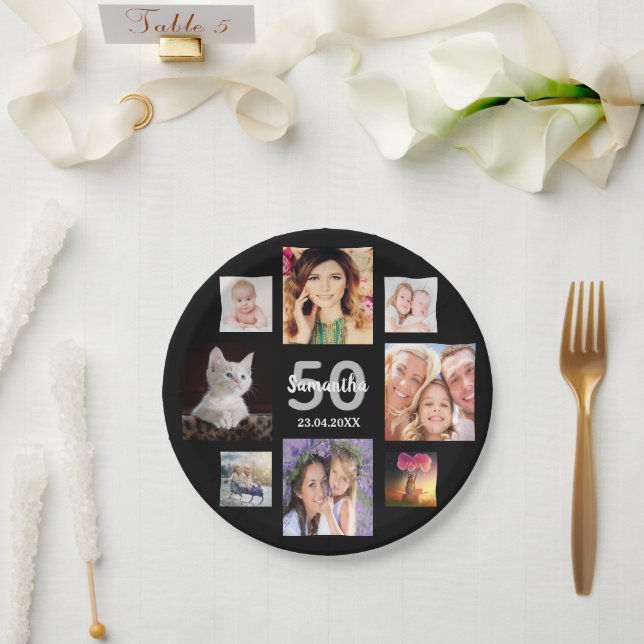 Assiettes En Carton 50e anniversaire fête photo collage femme noir (Mariage)