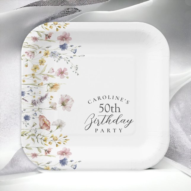 Assiettes En Carton 50e anniversaire Fleurs sauvages de fête aquarelle (Créateur téléchargé)