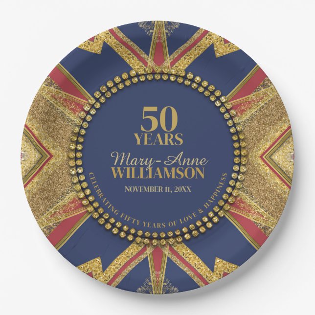 Assiettes En Carton 50e anniversaire Géométrie rouge bleu or (Devant)