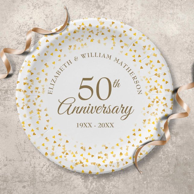 Assiettes En Carton 50e Anniversaire Golden Love Hearts Confetti (Créateur téléchargé)