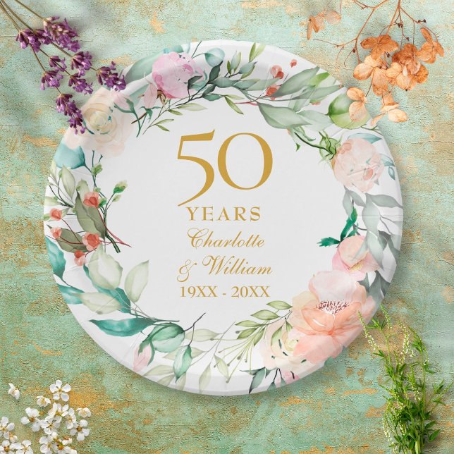 Assiettes En Carton 50e anniversaire Mariage d'or Garland Rose (Créateur téléchargé)
