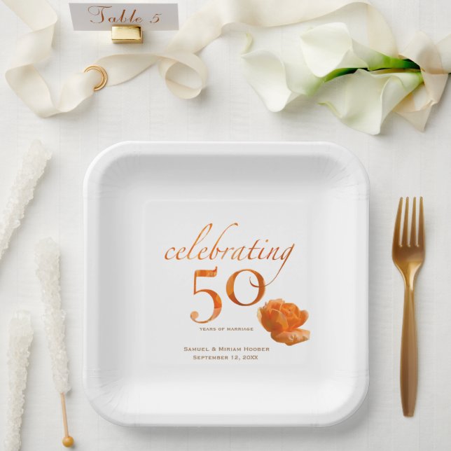 Assiettes En Carton 50e anniversaire mariage élégant pêche nom rose (Mariage)
