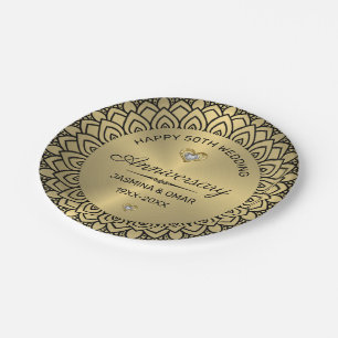 Assiettes En Carton 50e anniversaire mariage or & mandala noir