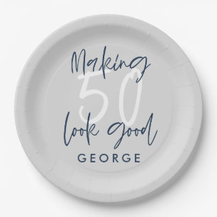 Assiettes En Carton 50e anniversaire moderne gris + fête bleu marine