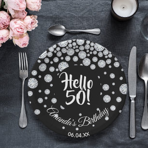 Assiettes En Carton 50e anniversaire noir diamants blancs nom