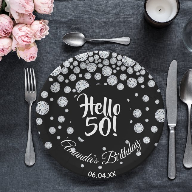 Assiettes En Carton 50e anniversaire noir diamants blancs nom (Créateur téléchargé)