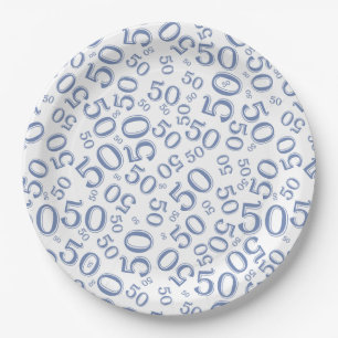 Assiettes En Carton 50e anniversaire Numéro Motif Bleu/Blanc
