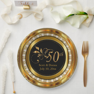 Assiettes En Carton 50e anniversaire - Or et diamants