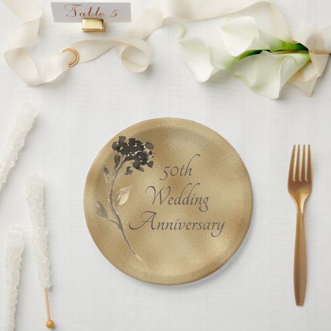Assiettes En Carton 50e Anniversaire Or Floral Élégant (Mariage)