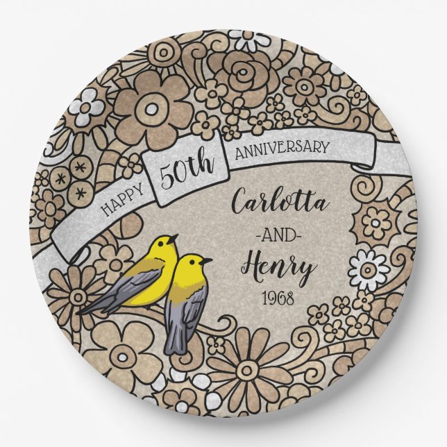 Assiettes En Carton 50e anniversaire personnalisé, Oiseaux floraux d'o (Devant)