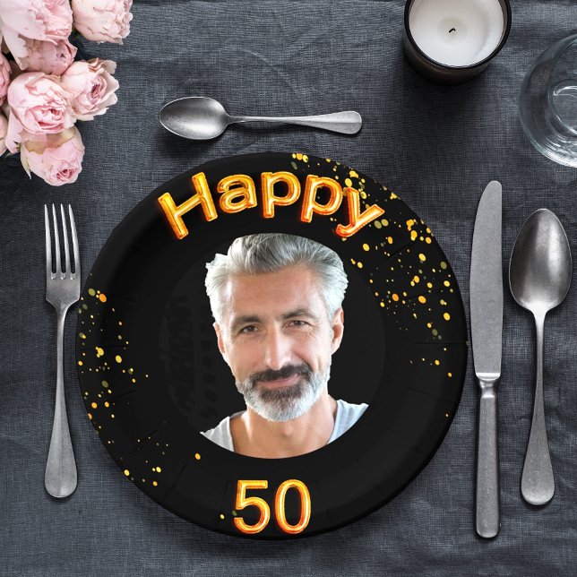 Assiettes En Carton 50e anniversaire photo ballons d'or noir (Créateur téléchargé)