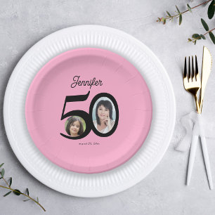 Assiettes En Carton 50e anniversaire photo nom personnalisé rose noir