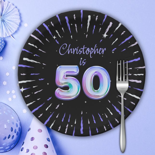 Assiettes En Carton 50e anniversaire pour lui Blue Fireworks Foil Ball (Créateur téléchargé)