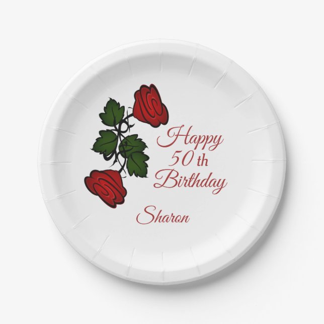 Assiettes En Carton 50e anniversaire Rose rouge (Devant)