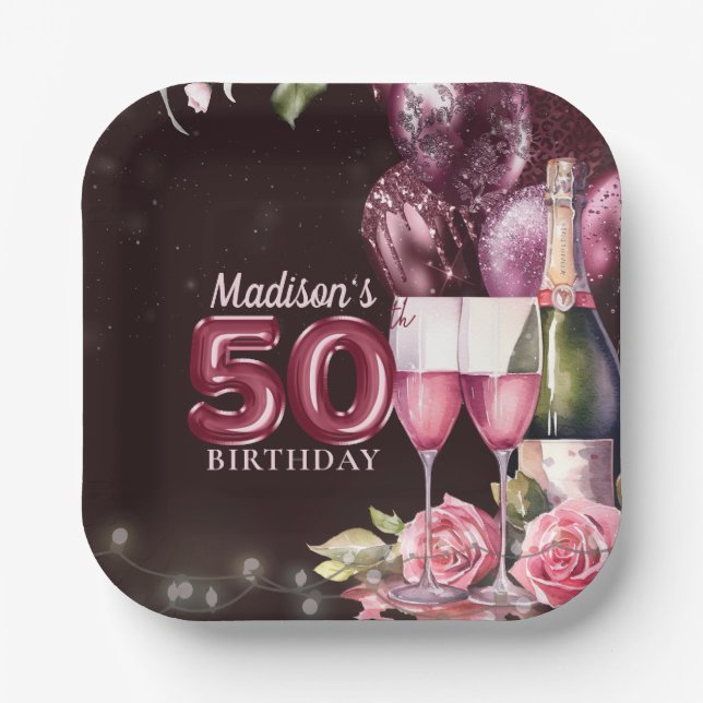 Assiettes En Carton 50e Anniversaire Vin & Ballons Personnalisé (Recto)