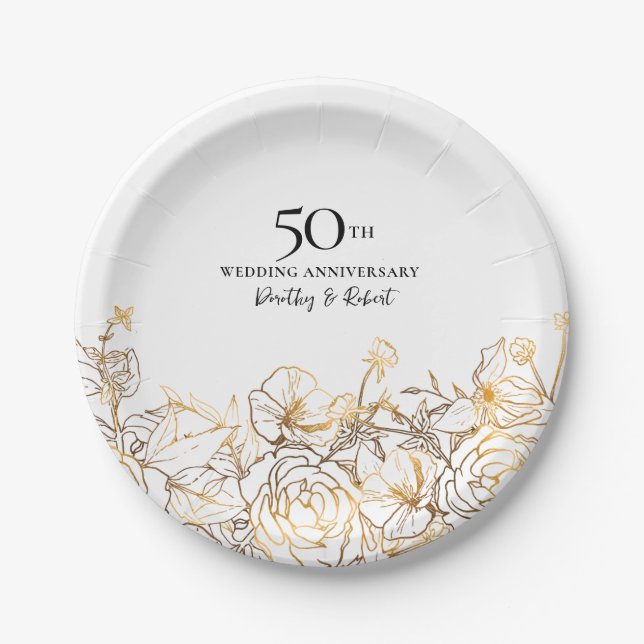 Assiettes En Carton 50e Mariage fête anniversaire or blanc floral (Devant)