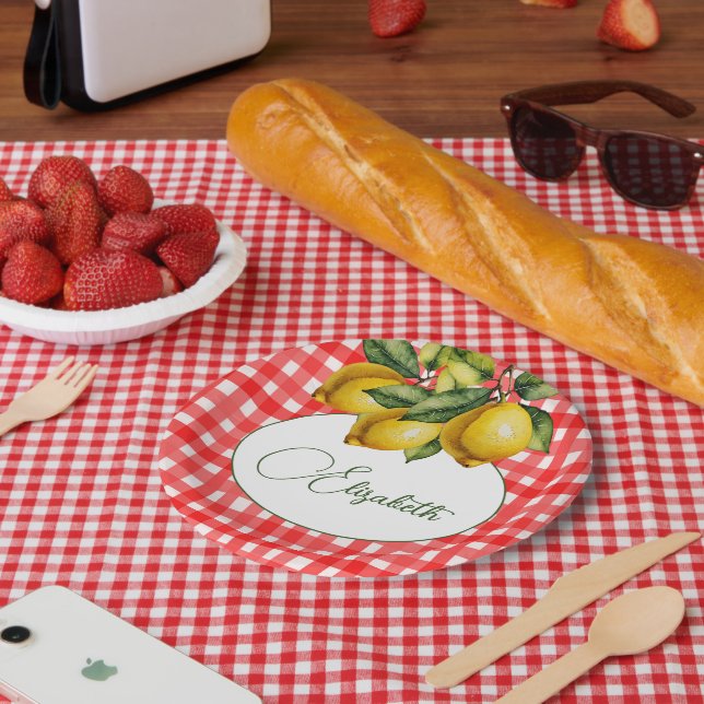 Assiettes En Carton 50e Motif blanc rouge botanique italien citron (Pique-nique)