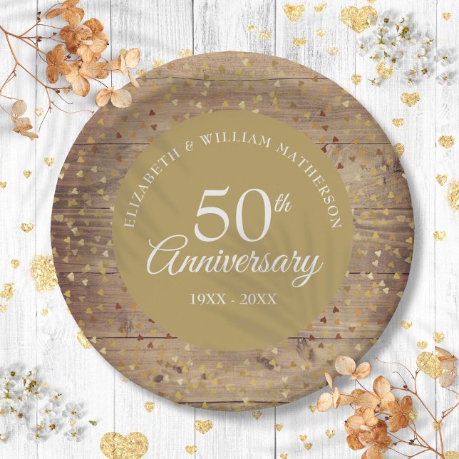 Assiettes En Carton 50ème anniversaire de Mariage d'or Confetti rustiq (50th Golden Wedding Anniversary Rustic Confetti Paper Plates)