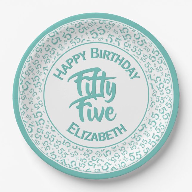 Assiettes En Carton 55e anniversaire Cool Numéro Motif Turquoise/blanc (Devant)