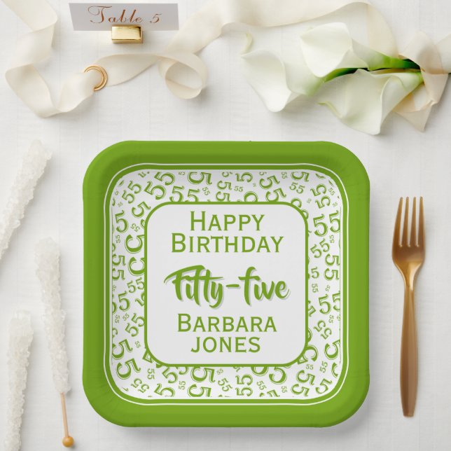 Assiettes En Carton 55th Party Random Number Pattern Green/White (Mariage)
