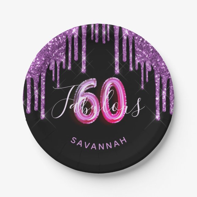 Assiettes En Carton 60 Fabuleux anniversaire noir violet parties scint (Devant)