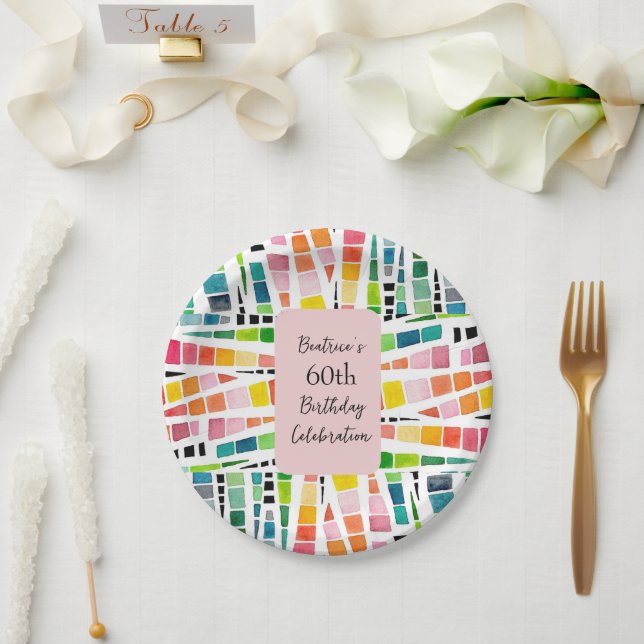 Assiettes En Carton 60e anniversaire aquarelle Motif géométrique (Mariage)