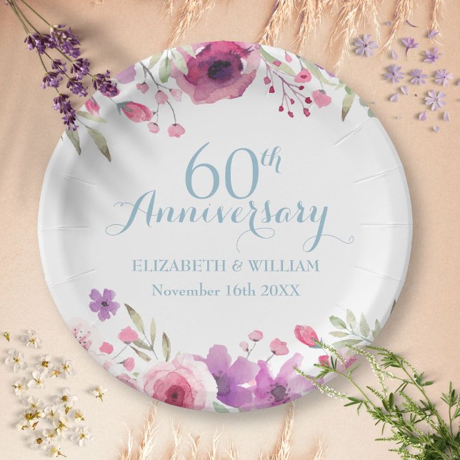 Assiettes En Carton 60e anniversaire Aquarelle Rose verdure (60th Anniversary Watercolour Roses Greenery Paper Plates)