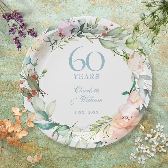 Assiettes En Carton 60e anniversaire de diamant Mariage Floral Rose (Créateur téléchargé)